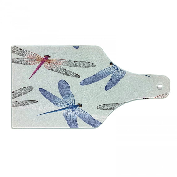Dragonfly Cutting Board, Dragonfly Forms High Detailed Ornate Irregular Macro Retro Simplistic Print, Decorative Tempered Glass Cutting and Serving Board, Wine Bottle Shape, Pink Blue, by Ambesonne