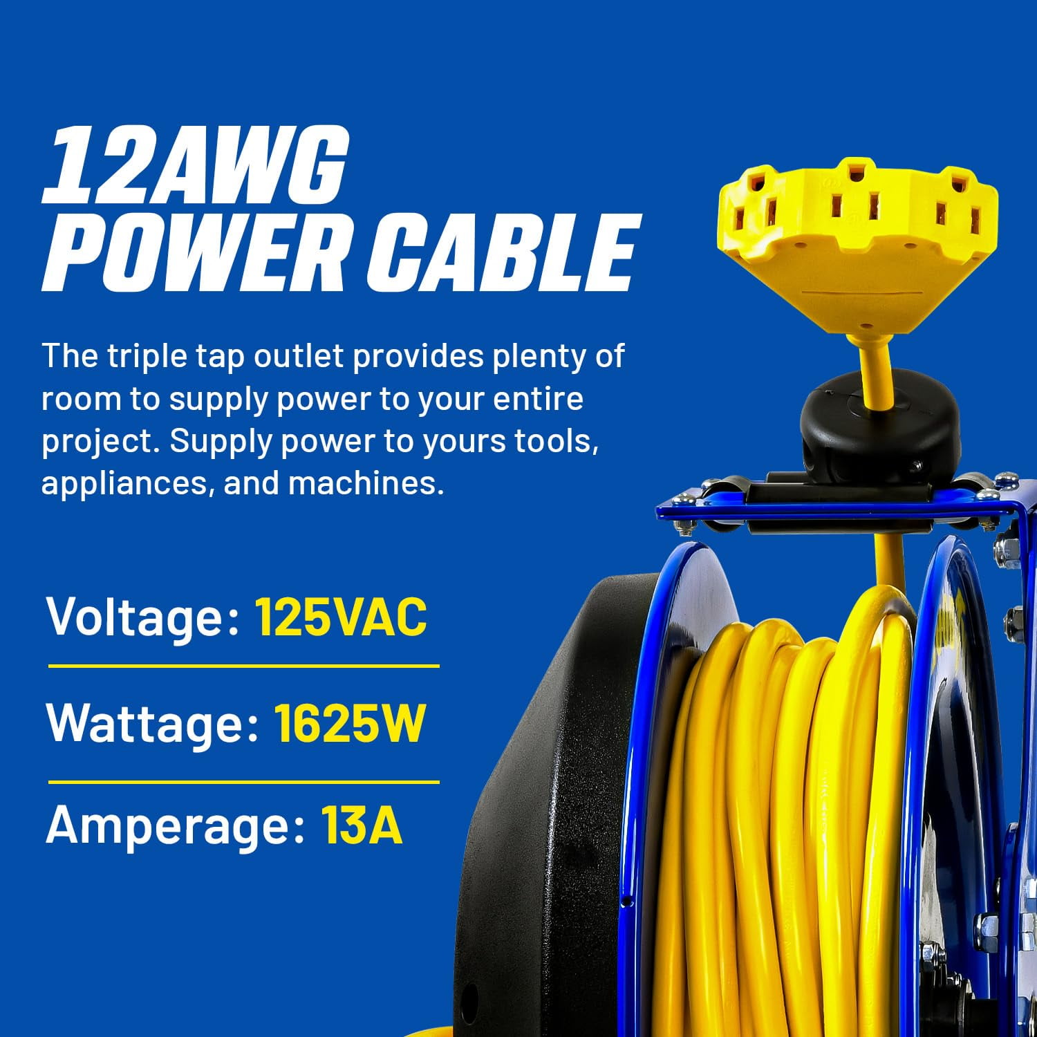 Goodyear Extension Cord Reel Retractable 12AWG x 80' Feet 3C SJTOW Cable Triple Tap Connector Power Rating 125 Volt AC 13 Amp 1625 Watt Industrial Steel Single Arm