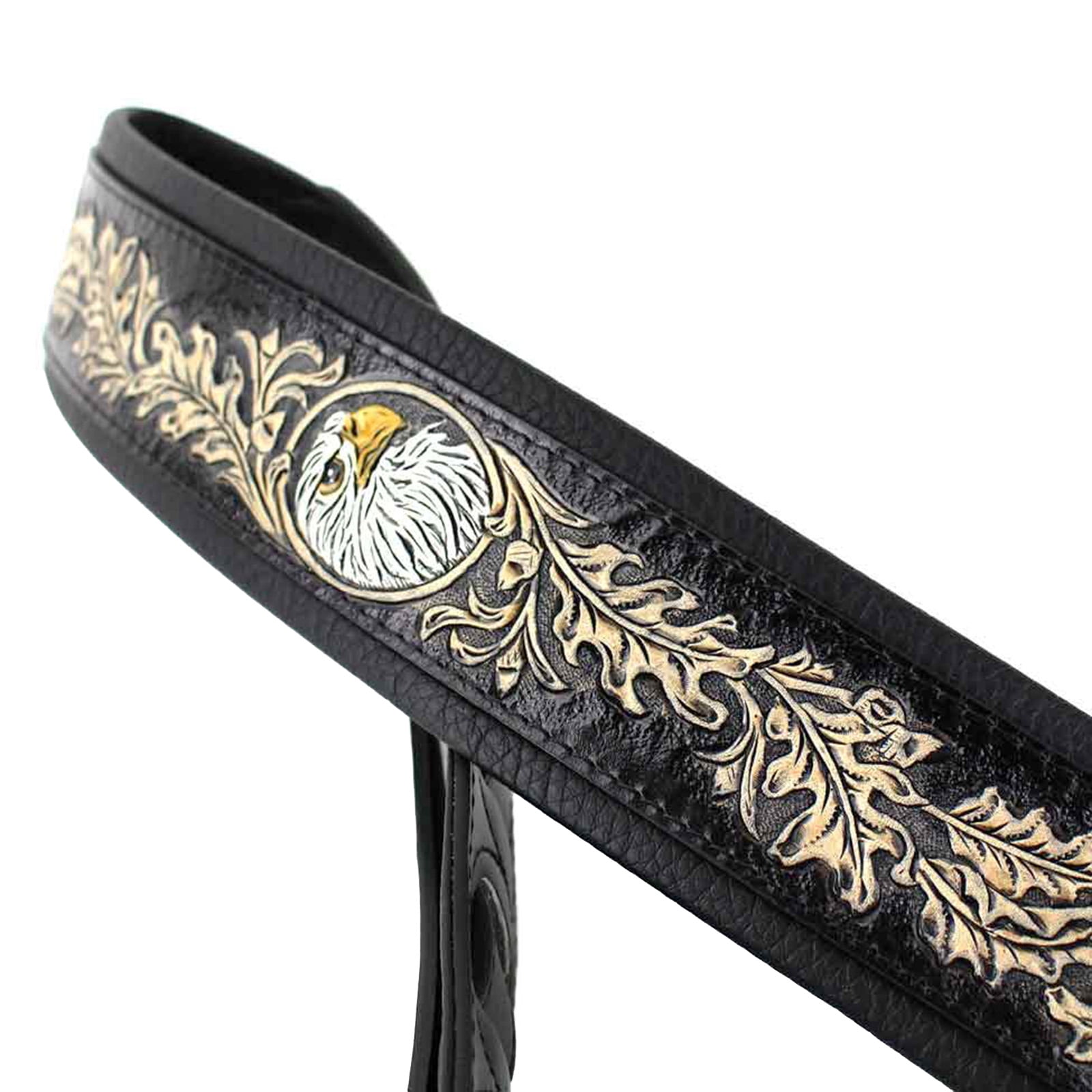 Walker & Williams KB-03-BLK Soft Matte Black Full Grain Center Block Carving Leather Padded Guitar Strap With American Eagle & Oak Leaves