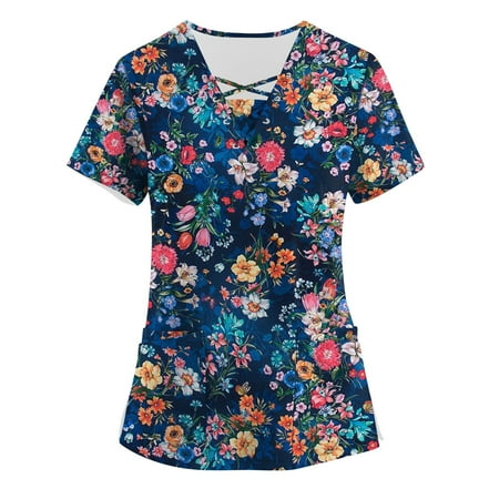 

BIZIZA Workwear Scrubs Women Fitted Criss Cross with Two Pocket Oversized Scrub tops V Neck Cute Printed Short Sleeve Plus Size Tops Clearance Dark Blue 2XL