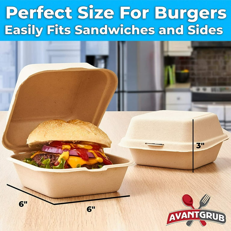Avant Grub Biodegradable 6x6 Take Out Food Containers with Clamshell Hinged Lid 100 Pack. Microwaveable, Disposable Takeout Box to Carry M