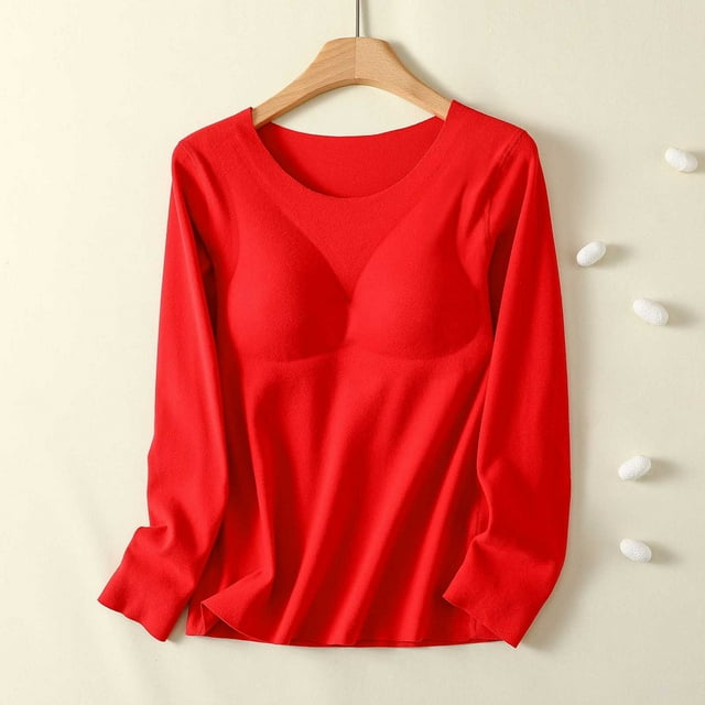 Soki Chemises Basiques à Manches Longues pour Femmes Hauts Thermiques Chauds Col Rond sous-Vêtements Ajustés avec Coussin de Poitrine Amovible Rouge 3TG