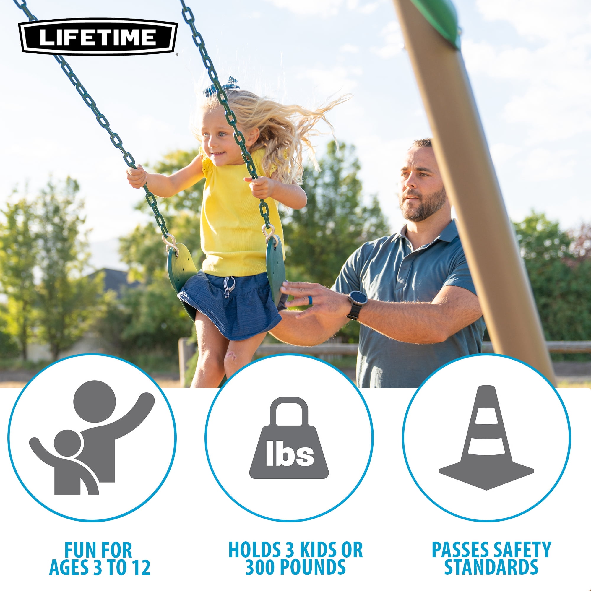 Lifetime Kid's Metal Swing Set with 2 Belt Swings and Trapeze Bar - 9 feet (91137)