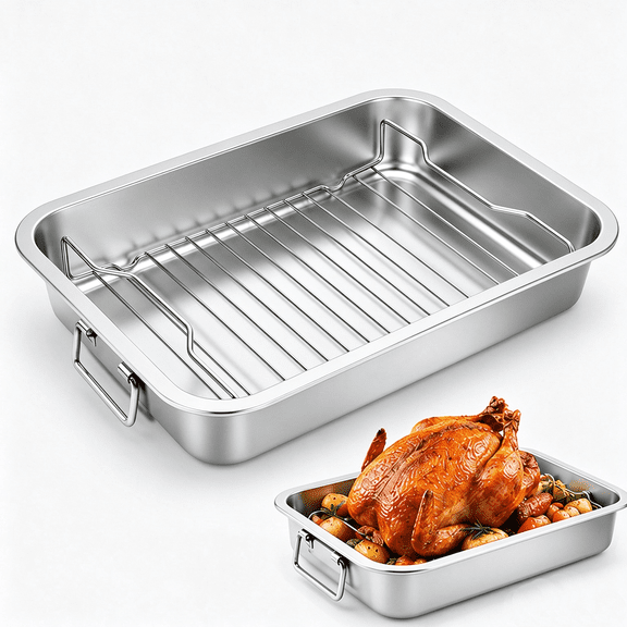 Naeqieo Stainless Steel Roasting Pan with Rack 15.5 x 11.6 In, Heavy Duty Turkey Roaster with Handles, Deep High Sided Oven Pan for Turkey Chicken Vegetables and Lasagna