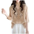 thumbnail image 2 of Neewe Womens Tops 3/4 Sleeve Shirts Round Neck Loose Casual Blouses Floral Embroidered Tshirts, 2 of 4