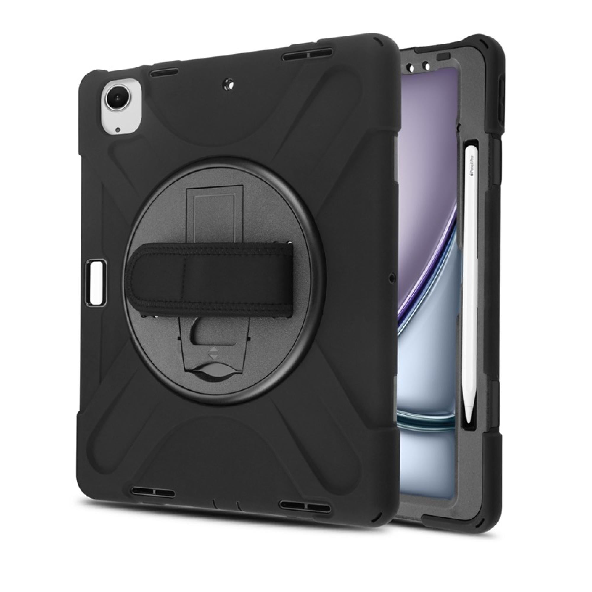 Rugged Case Compatible with iPad Air 13 (2024) / iPad Air 13 (2025) – 360° Rotating Stand & Hand Strap Plus Tempered Glass Screen Protector Search Resistant