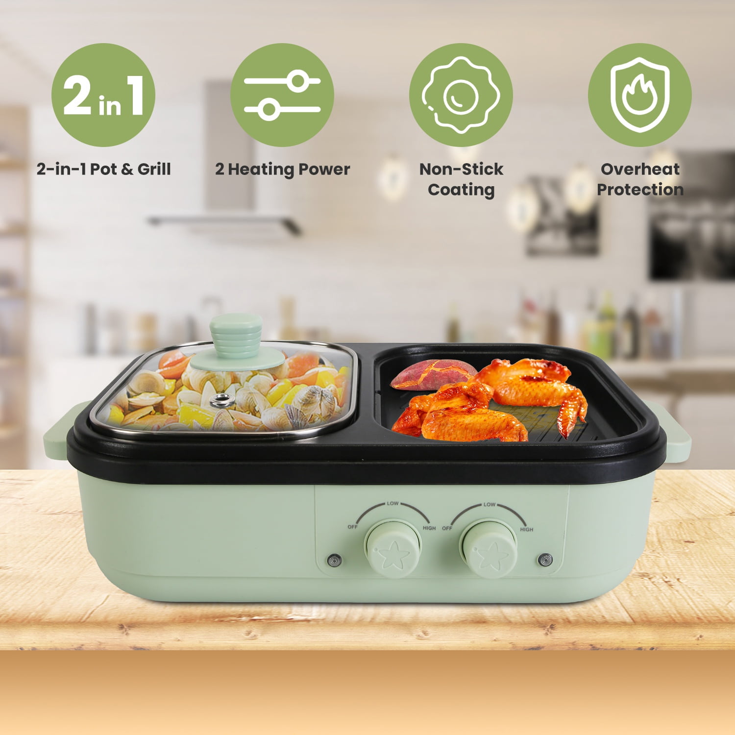 2 In 1 Hot Pot And Grill Combo, Dual Independent Temperature Control Non-Stick Die-Cast Aluminum Cooker, Overheat Protection Small Appliance For 1-2 People Dorm Kitchen Household Use