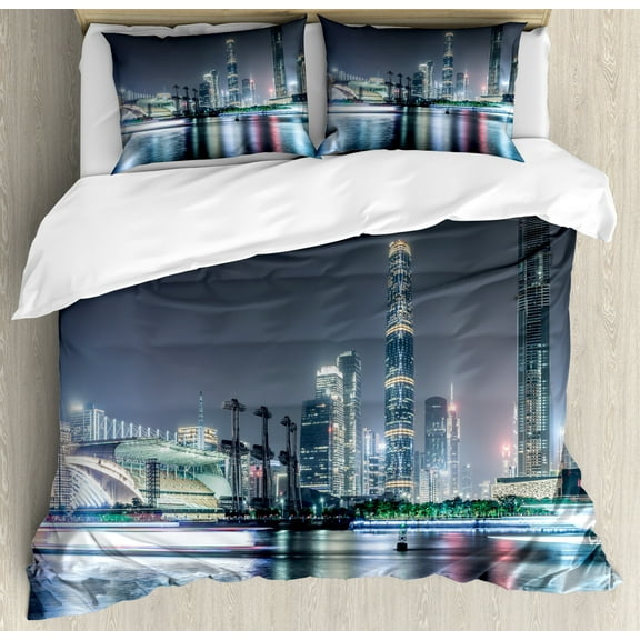 City Duvet Cover Set Queen Size, Nightfall Scenery of Guangzhou Downtown China Landscape Modern Architecture Exploring, Decorative 3 Piece Bedding Set with 2 Pillow Shams, Multicolor, by Ambesonne