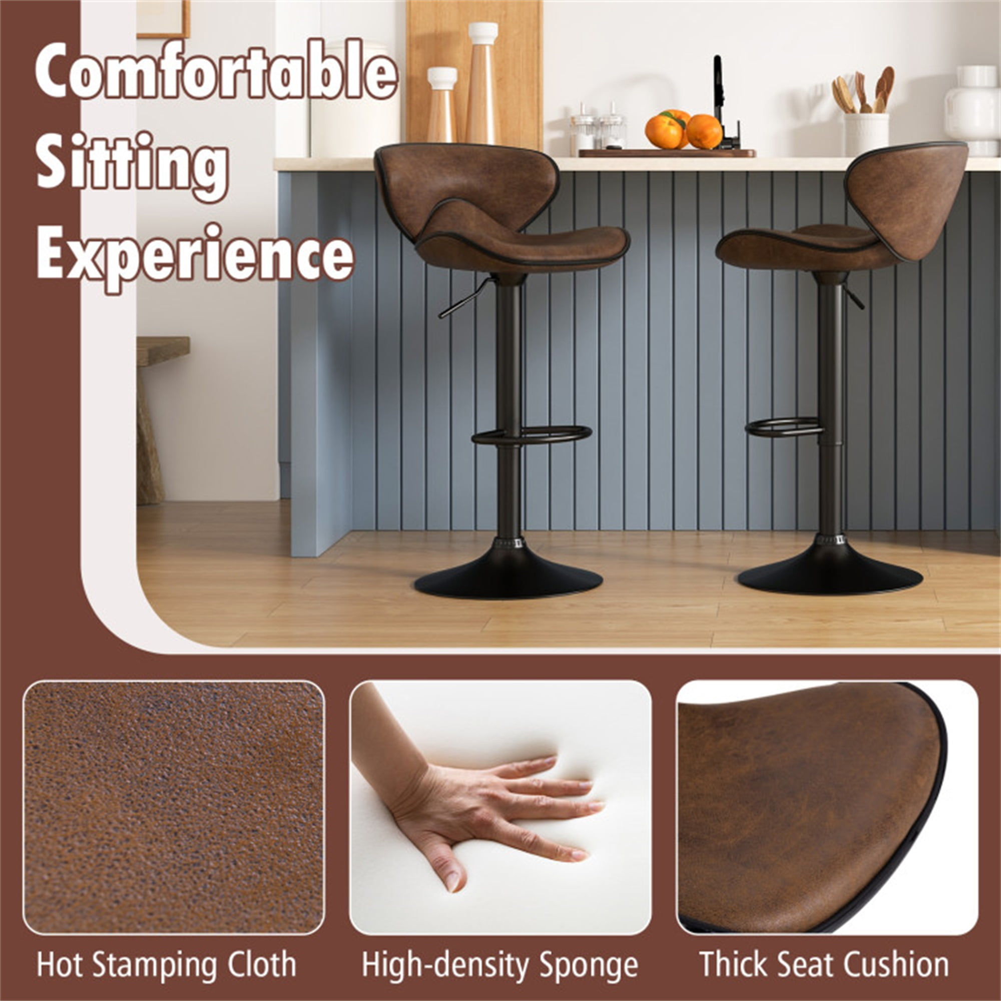 Demi Bonn Set of 2 Adjustable Swivel PU Leather Bar Stools with Curved Footrest, Modern Dining Chair with Backrests, Brown