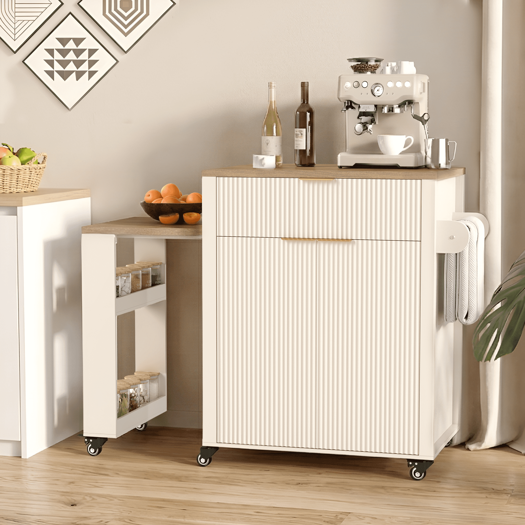 FOOWIN Kitchen Island with Extendable Dining Table, Mobile Island Table with Cabinets, Drawers, Power Outlets, White