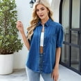 thumbnail image 5 of Womens Denim Shirt Business Casual Button Down Work Blouses Puff Sleeve Summer Tops Dark Blue M, 5 of 7