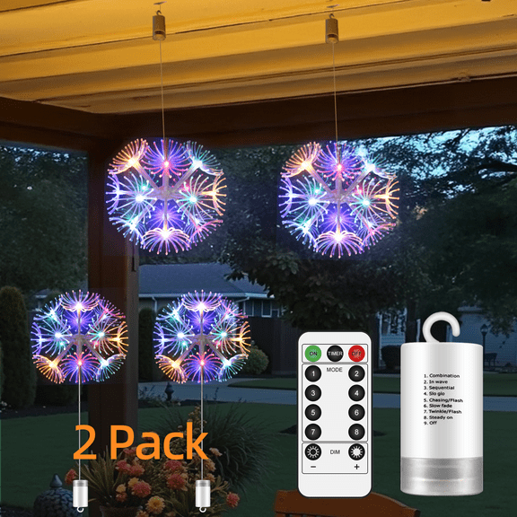 2 Pack Battery Operated Hanging LED Twinkle Lights With Remote, Whimsical Dandelion Starburst Fairy Lights, 8 Modes, Dimmable, Timer, Waterproof Ceiling Firework Lights For Wedding, MultiColor