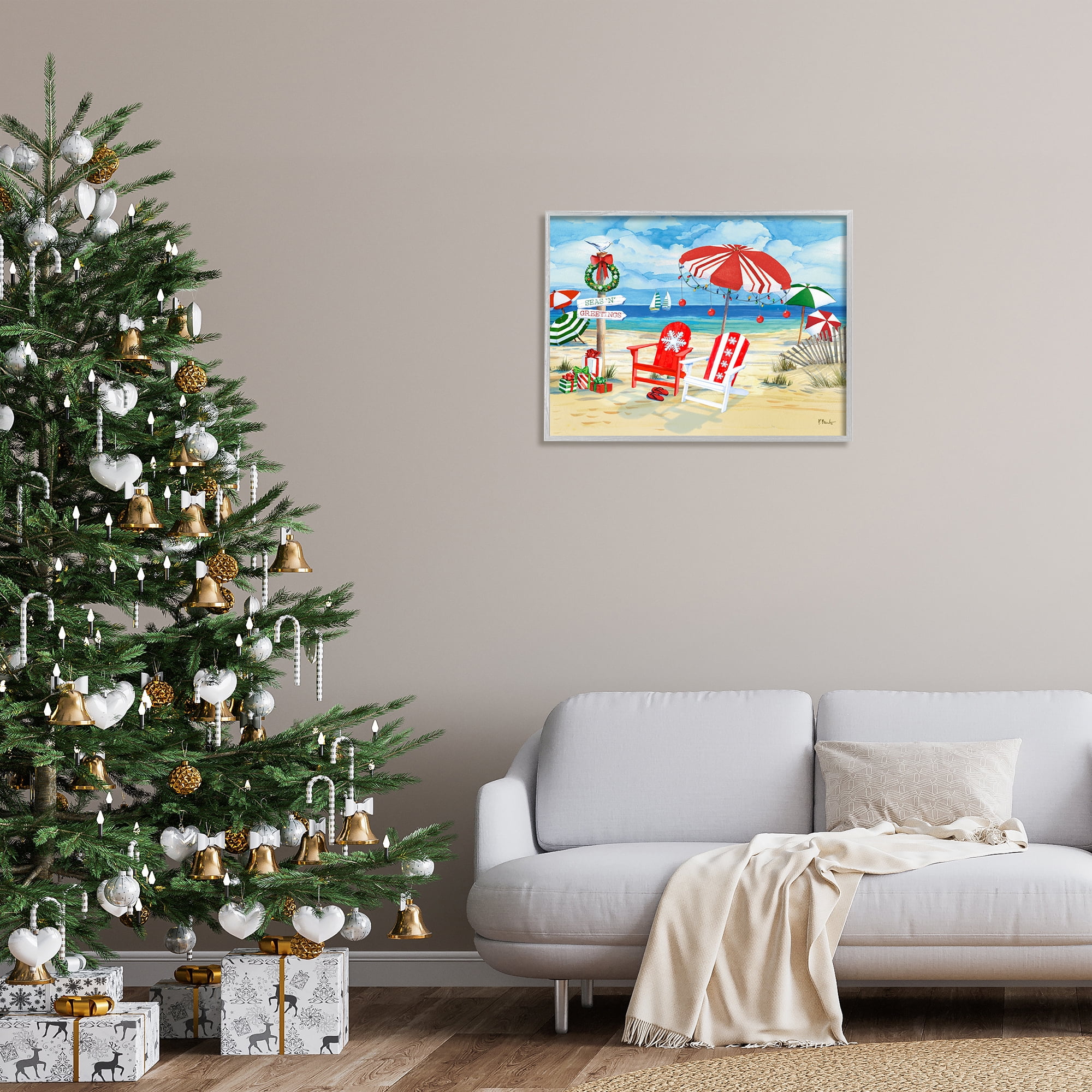 Stupell Industries Seas 'N' Greetings Scene Holiday Painting Gray Framed Art Print Wall Art, 30 x 24