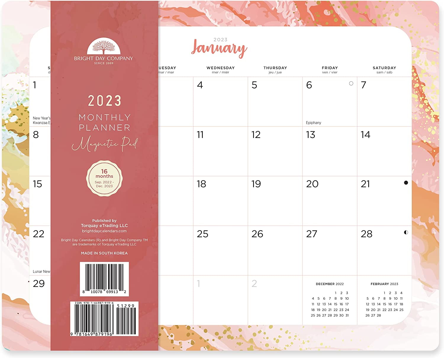 2023 Magnetic Refrigerator Calendar Wall Calendar Pad by Bright Day, 16 Month 8 x 10 Inch, Marble