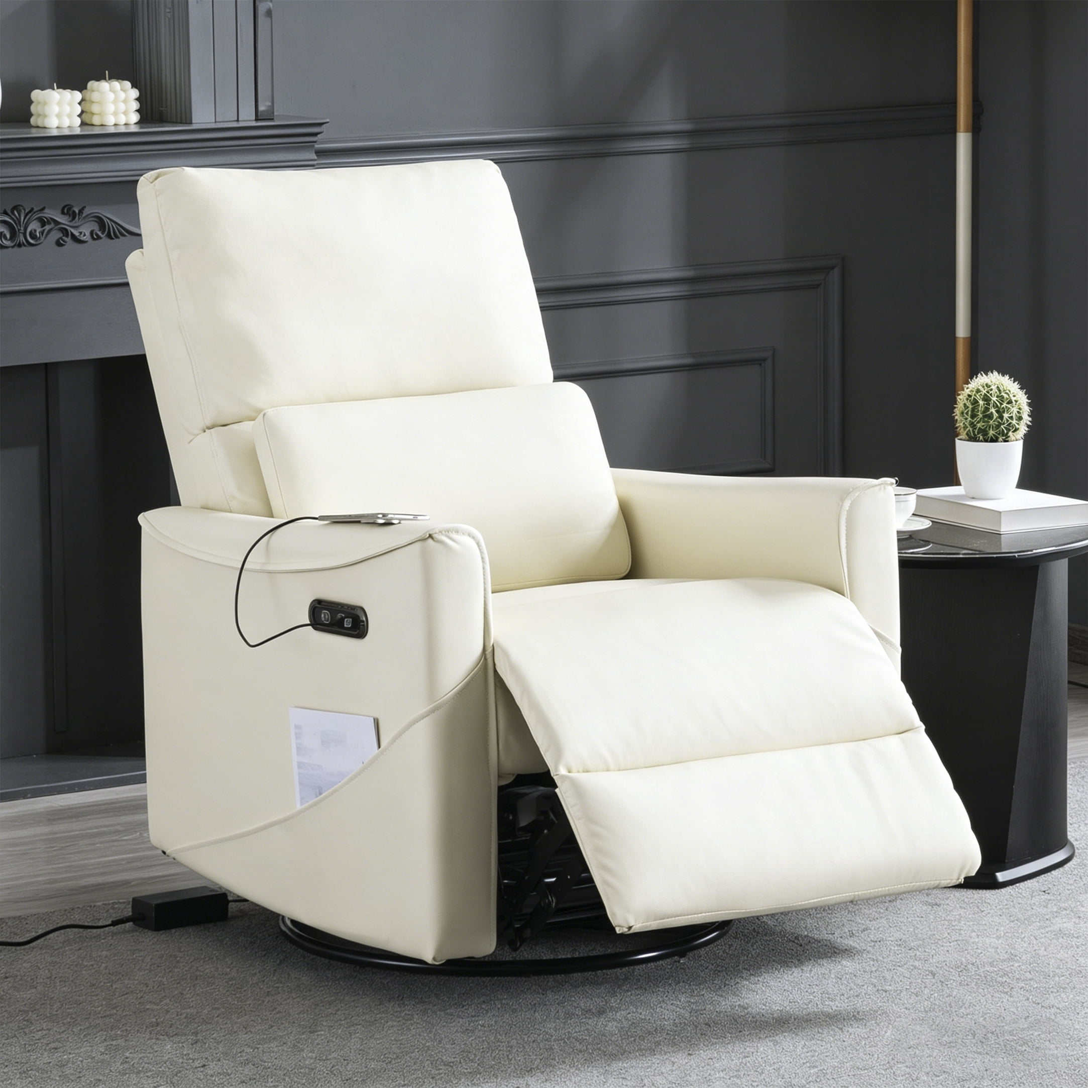 Gewnee 29.13"Power Rocking Recliner Chair,360°Swivel Recliner Chair with USB & Type-C Ports,Adjustable Reclining Positions,PU Swivel Recliner for Living Room,Office,Bedroom.Beige