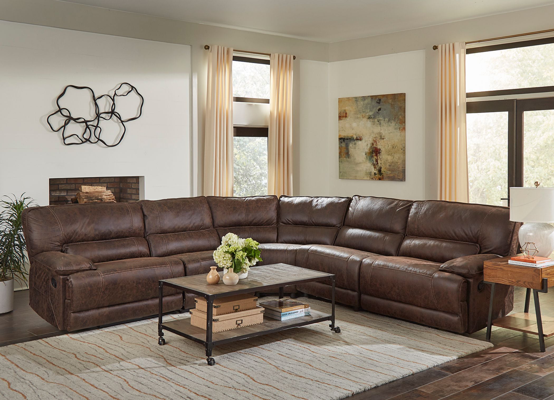 Malyn Weathered Brown Faux Leather Reclining Sectional Sofa with ...