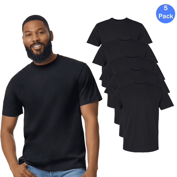 Gildan Softstyle Midweight T-Shirt for Men, Pure Heavy Cotton Casual Black Tee, 5 Pack, S