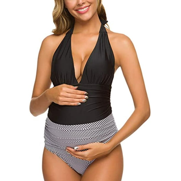 One Piece Maternity Swimsuits Stripe Halter Swimwear Deep V Neck Monokini  High Waisted Bathing Suits Black (3XL