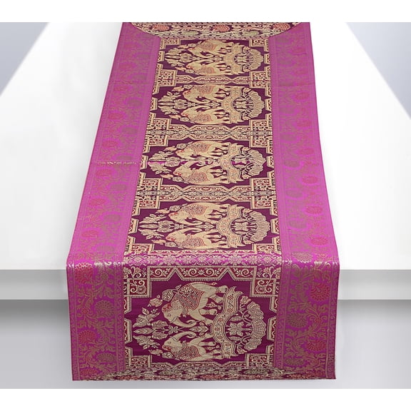 Stylo Culture Bohemian Dining Table Runner Purple Gold Elephant & Floral Brocade Jacquard Rectangle Home Decor Indian Coffee Table Cloth | 60x16 Inches ( 152 x 40 cm)