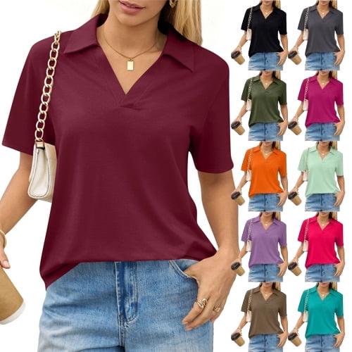 Trendy V Neck Polo Shirts Women'S Short Sleeve Summer Business Casual Collared Tees,Wine Xxl
