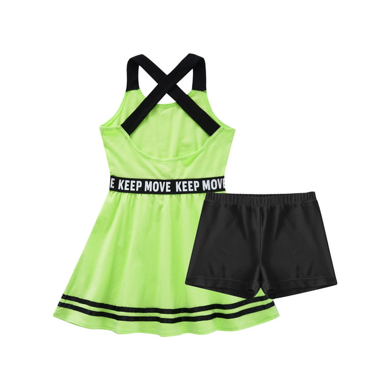 YEAHDOR Kids Girls Sports Suit Straps Cross at Rear A-Line Dress with  Shorts Set Gym Tennis Volleyball Outfit Fluorescent_Green 10