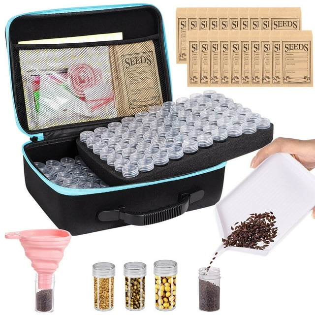 140 Slots Seed Storage Organizer Box, 140 Seed Containers and 20 Seed Envelopes, EVA Carry Case with Seed Boxes, Label Stickers, Funnel, Garden Seed Keeper Set for Vegetable, Fruit, Flower Seeds