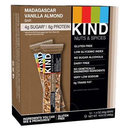 KIND Bars, Madagascar Vanilla Almond, Gluten Free, Low Sugar, 1.4oz, 12