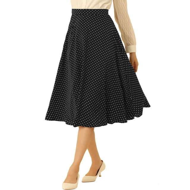 Falda midi vintage de línea A con cintura elástica de lunares retro para mujer, blanco y negro, talla S