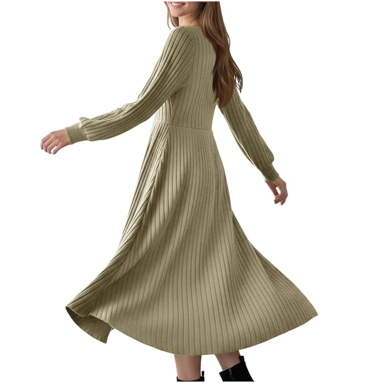 Tdoqot Womens Wedding Guest Dresses- Crewneck Long Sleeve Ribbed Knit Casual Elegant Spring Maxi Dresses Khaki Size M, Women's, Size: Medium, Brown