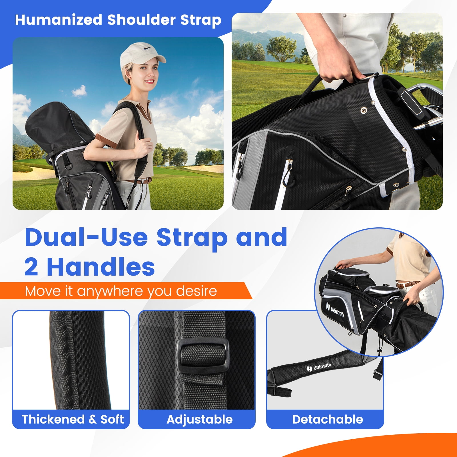 Topbuy 14-Way Golf Cart Bag Golf Club Bag with 14 Ways Organizer Divider Top 9 Zippered Pockets Cooler Bag Umbrella Holder Grey