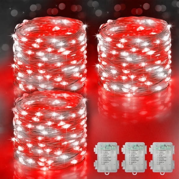 LAMPHOME 3 Pack 33FT 100LED Red & White Fairy Lights, Remote Timer Lights for Christmas Decor