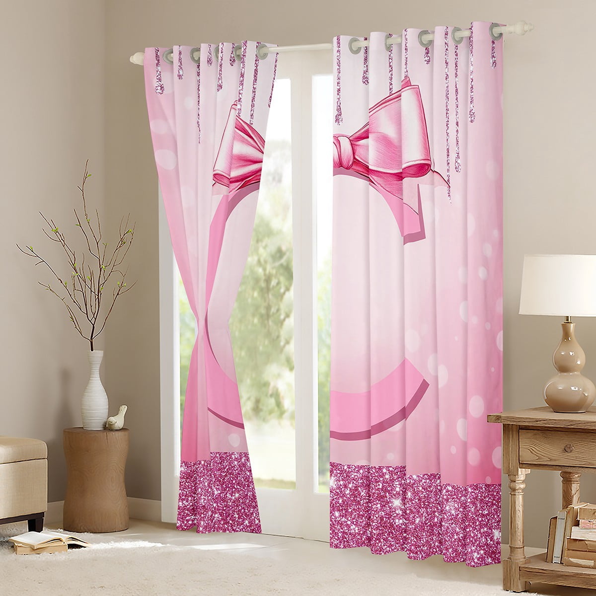 jejeloiu Personalized Gifts Bow Black Out Curtains,Letter C Curtains Pack of 2 (42x63 Each),Pink Bling Print Bedroom Curtains For Children,Lightweight Room Decoration