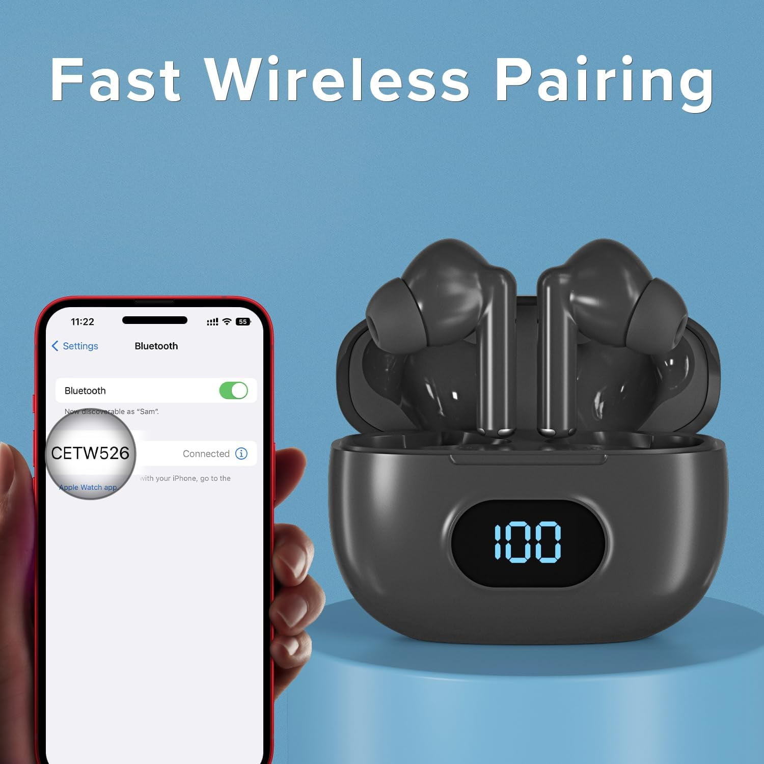 COBY True Wireless Earbuds, Mini Bluetooth Earbuds with Built-in Mic & LCD Charging Case, Black