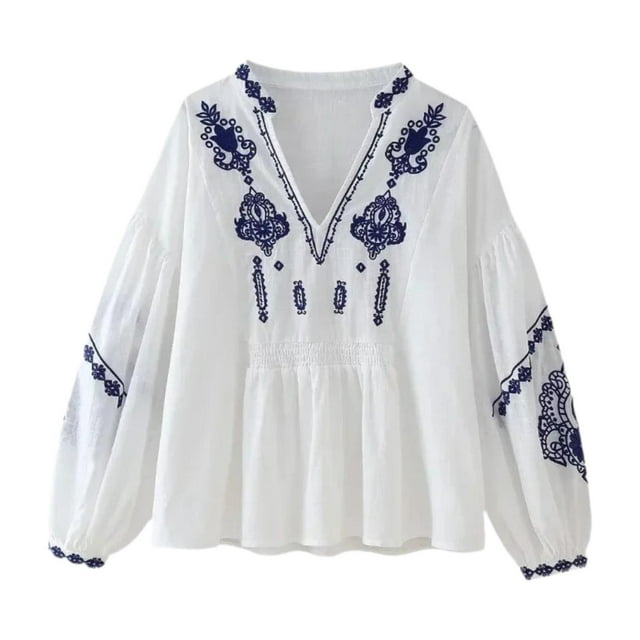 Blusa bordada para mujer, transpirable, holgada, elegante, de manga larga, informal, étnica L