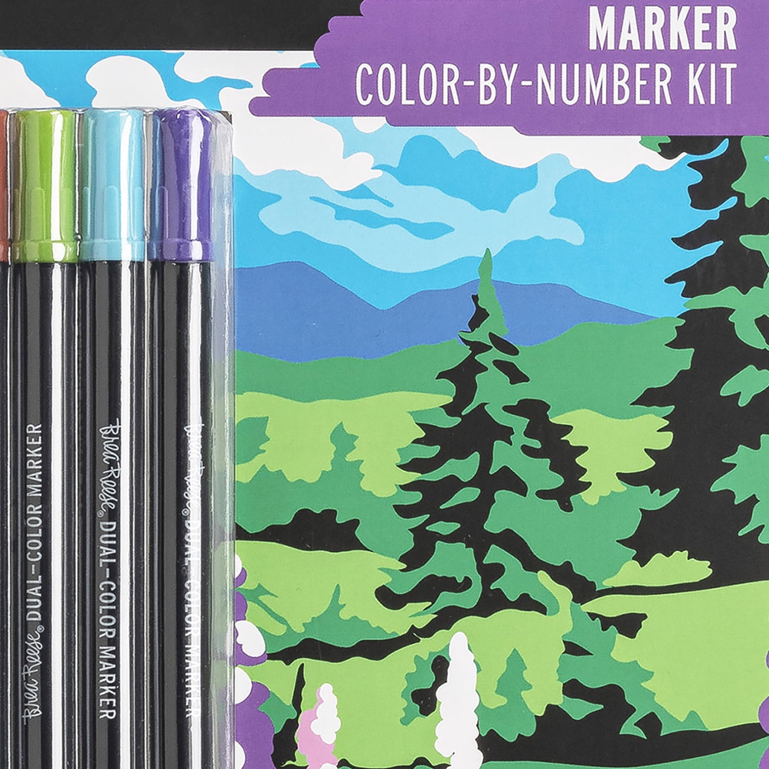 Brea Reese: Marker Color-by-Number Kit - Mountain Landscapes - 5 Dual-Tip Markers, 12 Designs, Guided Art, 8.5 x 9.75" Pages, Adult Spiral Art Pad