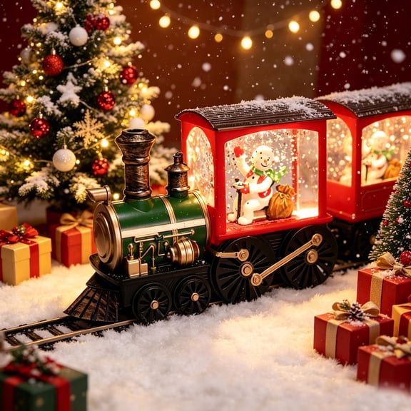 Christmas Lighted Train Snow Globe Decor 5.3 Inch Vintage Santa Snowman Figurine with Swirling Glitter for Holiday Tabletop Mantel Display