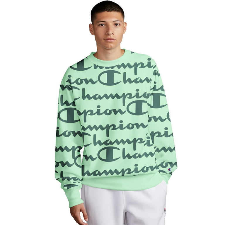 Men s Champion Reverse Weave Crew All Over Logo Giant Script Waterfall Green M