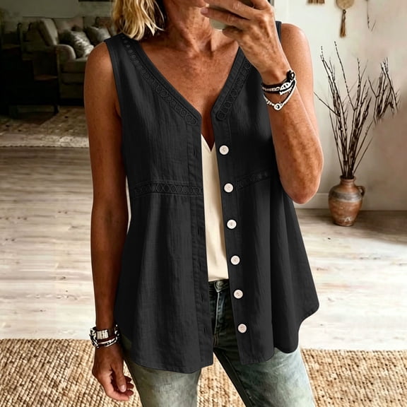 Yrmaups Oversized Sleeveless Button Down Vest for Women, Casual V Neck Blouse, Loose Fit Soft Top for Travel Office Holiday Daily Wear, Black 2XL