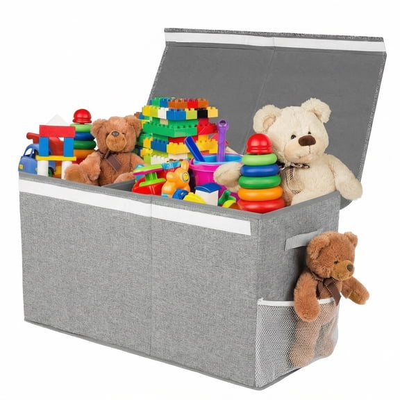 Toy Box Chest Storage with 2 Side Pockets, 110L Collapsible Toy Organizer with Lid and Divider for Playroom, Closet (24.6"Lx13"Wx16"H Gray)