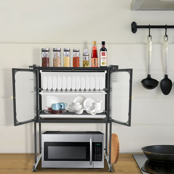 Countertop Microwave Oven Rack, Kitchen Dying Rack with Storage Cabinet Tableware Organizer Shelf with Draining Trays Knife/Chopping Board Holder