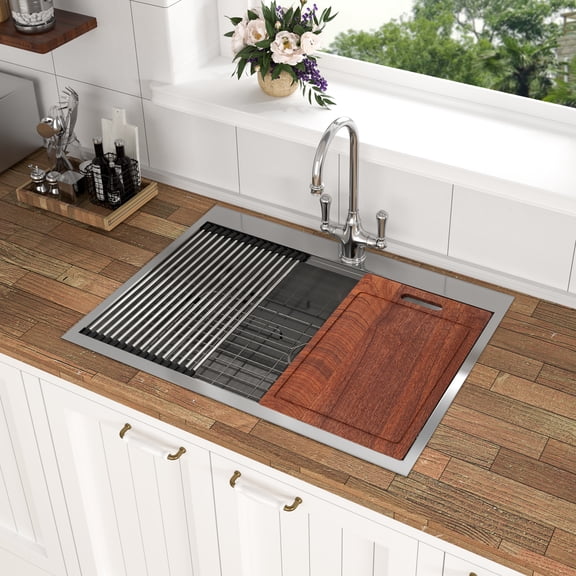 Izzovium 30 Inch Drop In Kitchen Sink, Topmount Ledge Workstation 16 Gauge Stainless Steel Single Bowl Sink with Cutting Board & Accessories, Brushed Nickel