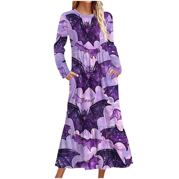 WFJCJPAF 2025 New Halloween Halloween Dresses for Short Women,Women's Fashion Casual Printed Long Sleeve Round-Neck Dress - Purple L