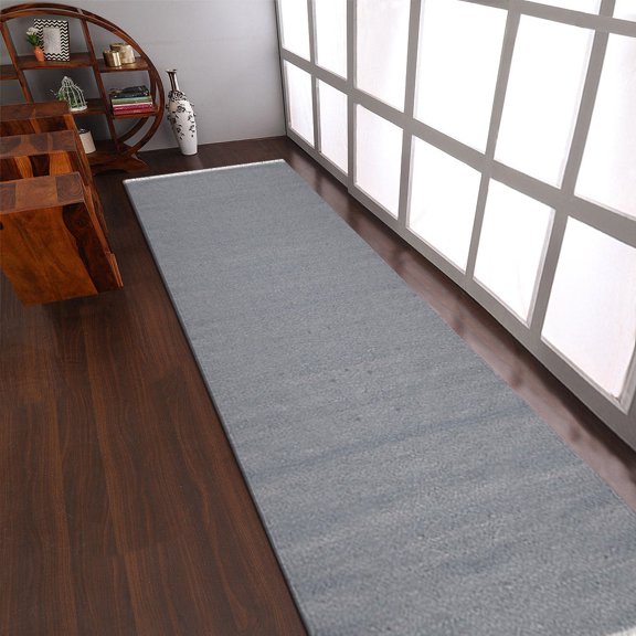 Rugsotic Carpets Hand Woven Flat Weave Kilim Wool Eco-Friendly 2'6''x8' Area Rugs Runner Light Silver Plain Solid Design Low Pile Indoor Handmade Rug for Living Room, Bedroom D00111