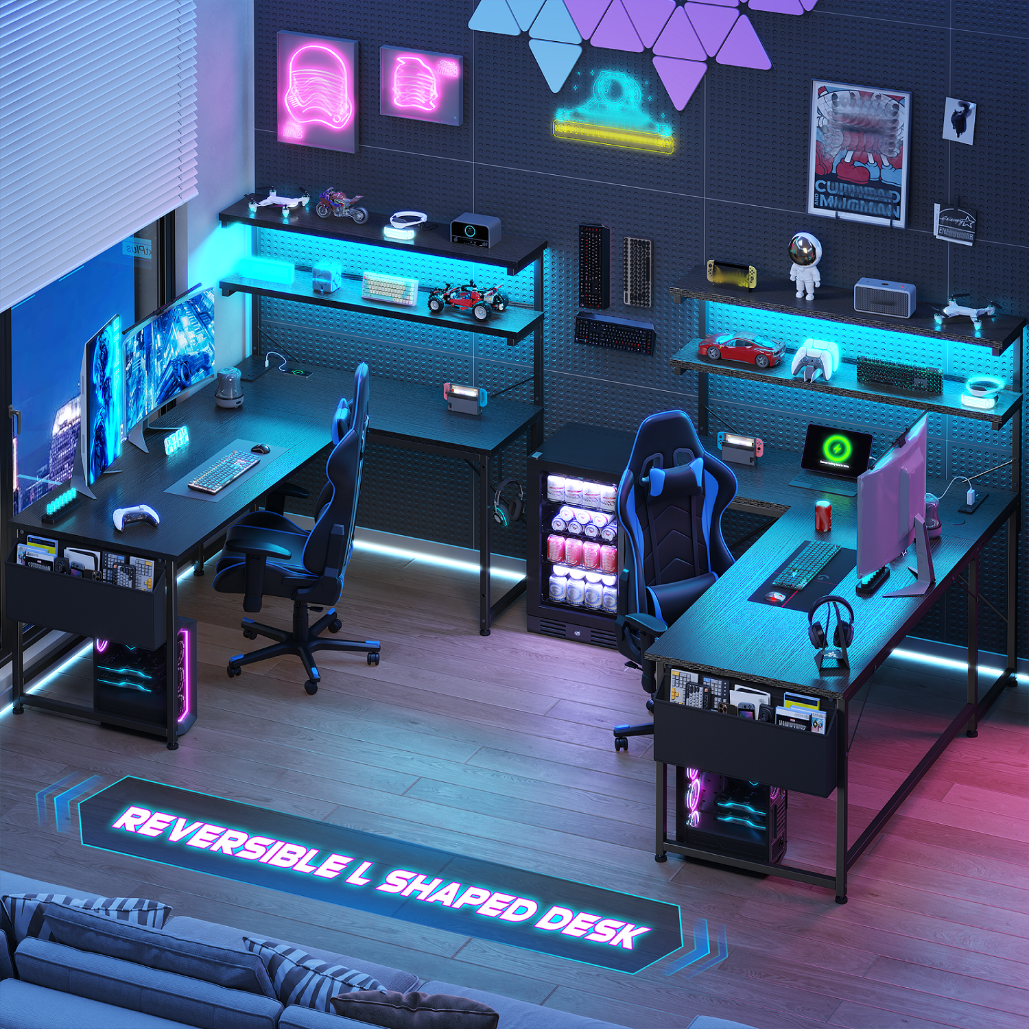 Romorgniz L Shaped Computer Desk with LED Lights & Power Outlet, Reversible 53"W Gaming Desk with Storage Shelf, Side Bag, Hooks for Home Office, Black