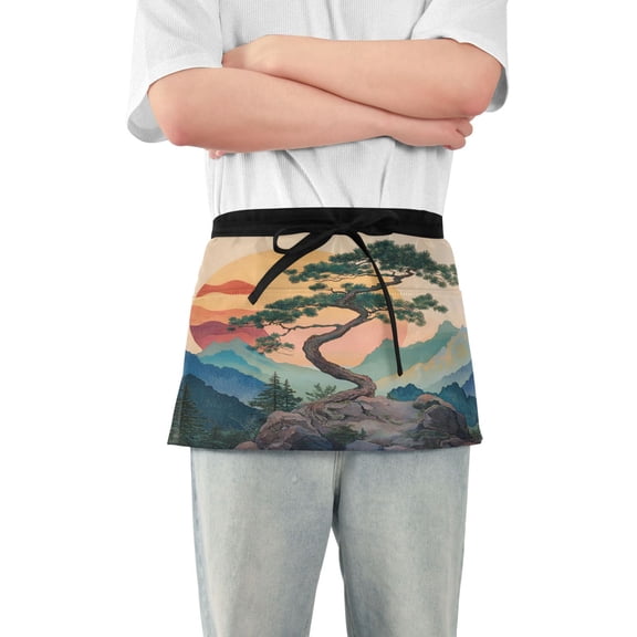 Yayeee Waist Apron with Pockets for Cooking Waterproof Half Server Aprons, Pine Tree at Dawn