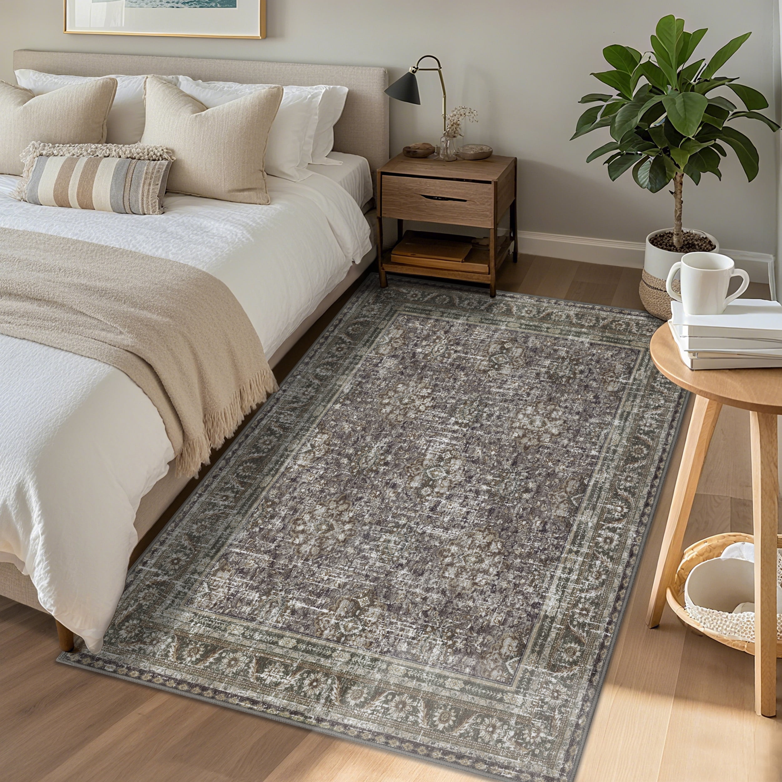 ARJINCUTE Distressed Vintage Traditional Farmhouse Gray Green Area Rugs 5'x8', Non-Slips Low Pile High Traffic Machine Washable