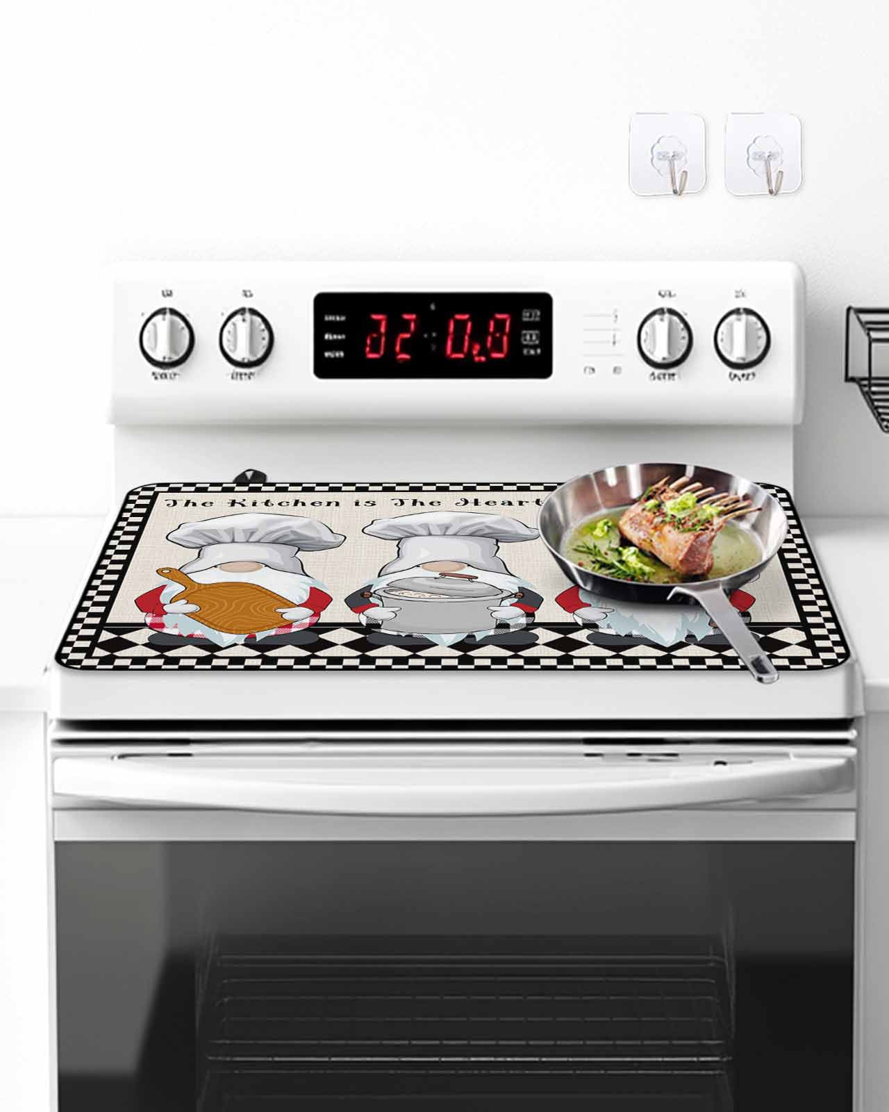 The Chef Stove Top Covers for Electric Stove, 28'x20'' Gnome Kitchen Black Buffalo Plaid Glass Ceramic Stove Cover Foldable Rubber Mat Heat Resistant Cooktop Protector for Kitchen