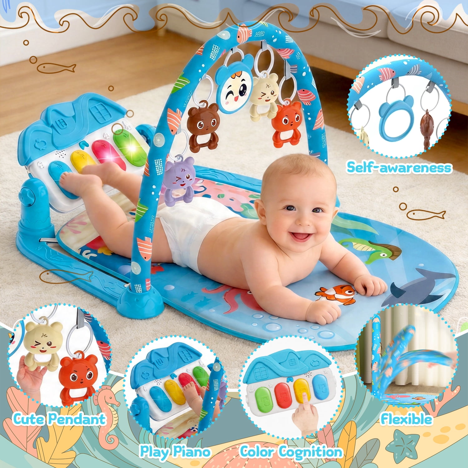 Caunedy 2 in 1 Baby Gym Playmat with Music,5 Sensory Montessori Toys & Tummy Time Mirror,Newborn Gift for Infants 0-12 Months