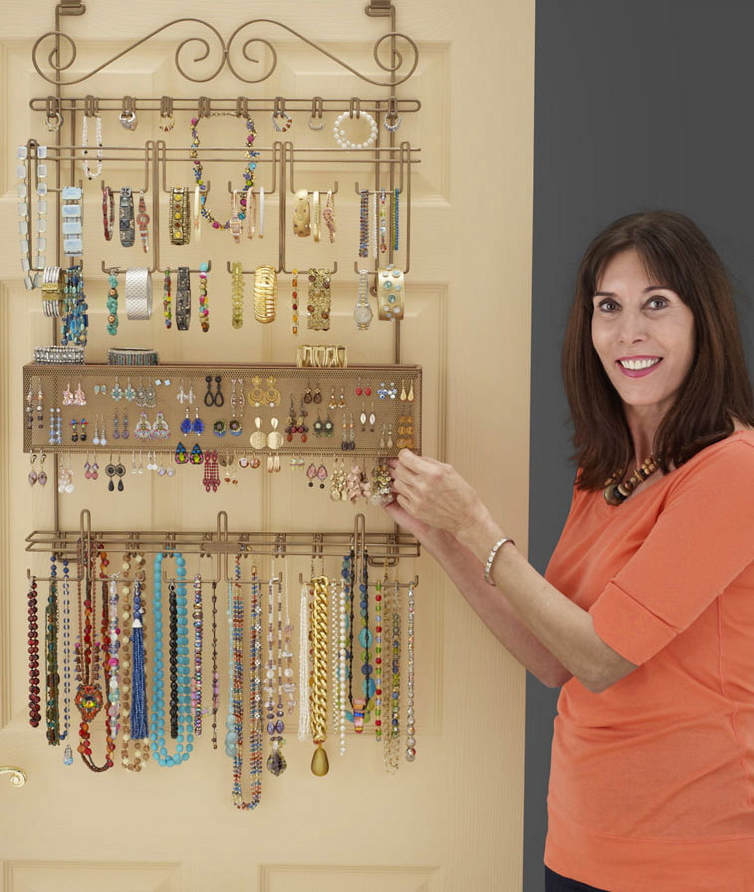 Longstem Over the Door or Wall Hanging Jewelry Organizer, Steel, 5 lb, Bronze, Holds 300 Pieces