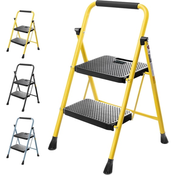 2 Step Ladder, Heavy Duty Foldable Step Stool, Portable Steel Folding Stool for Household Garage Storage (Yellow)